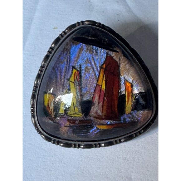 Antique Thomas Mott Morpho Butterfly Wing 1924 Nautical Boat Scene Brooch Jewelr - Picture 3 of 7